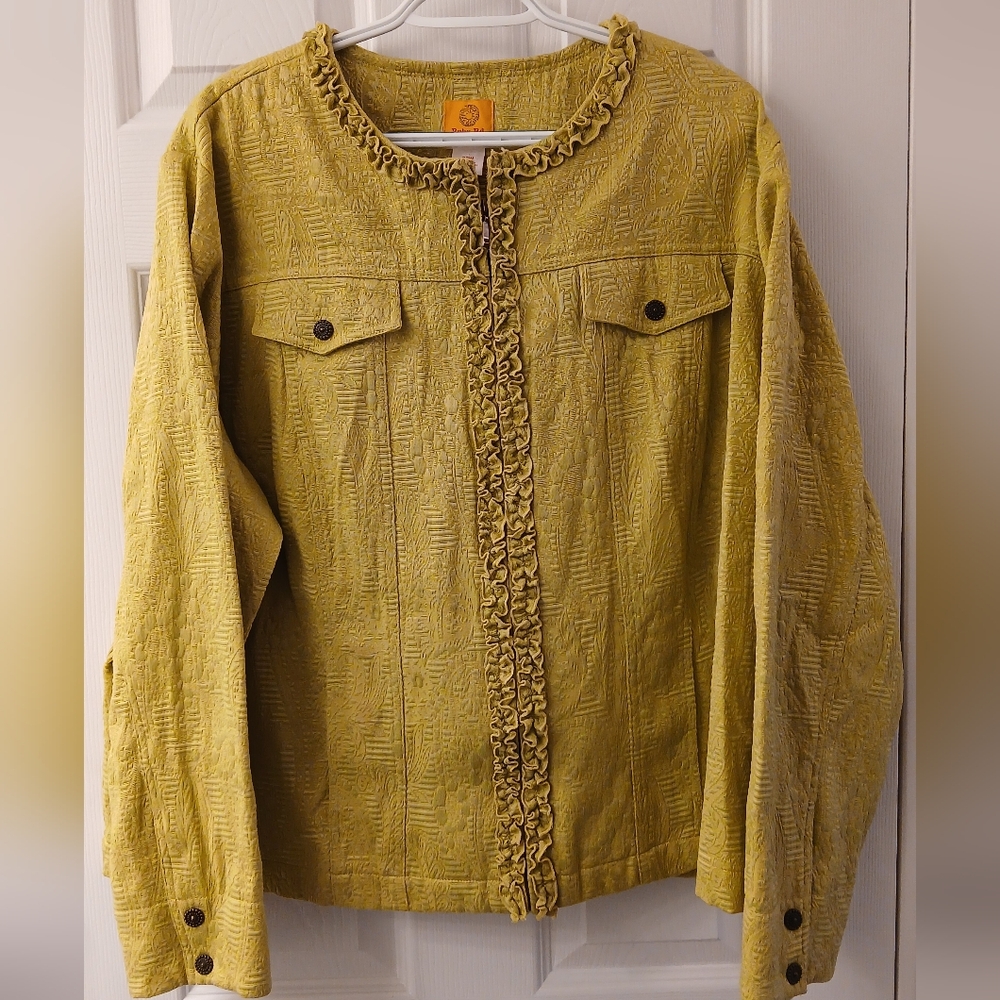 Ruby Rd Ruffle Front Jacket – Size 22W – Chartreuse Brocade‑Style Fabric